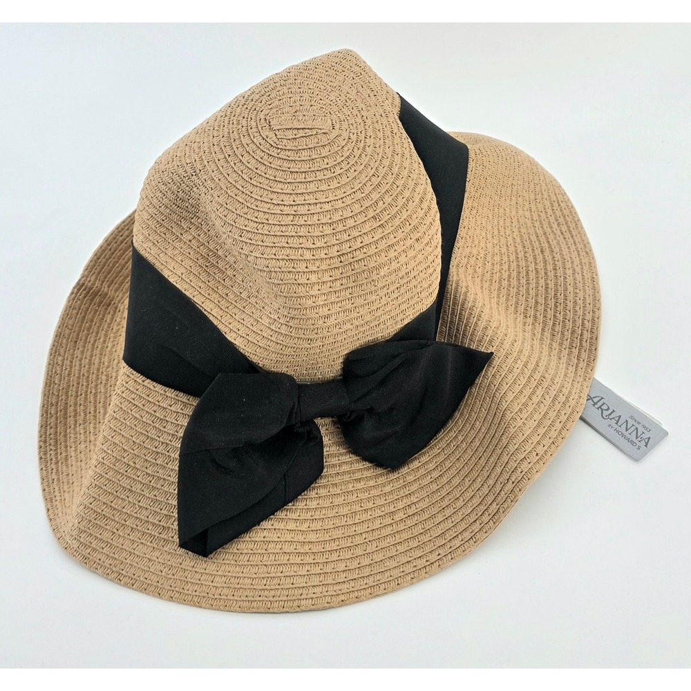 Arianna Howard's Sun Hat Womens One Size Tan Black Bow Wide Ribbon Straw Hat NWT